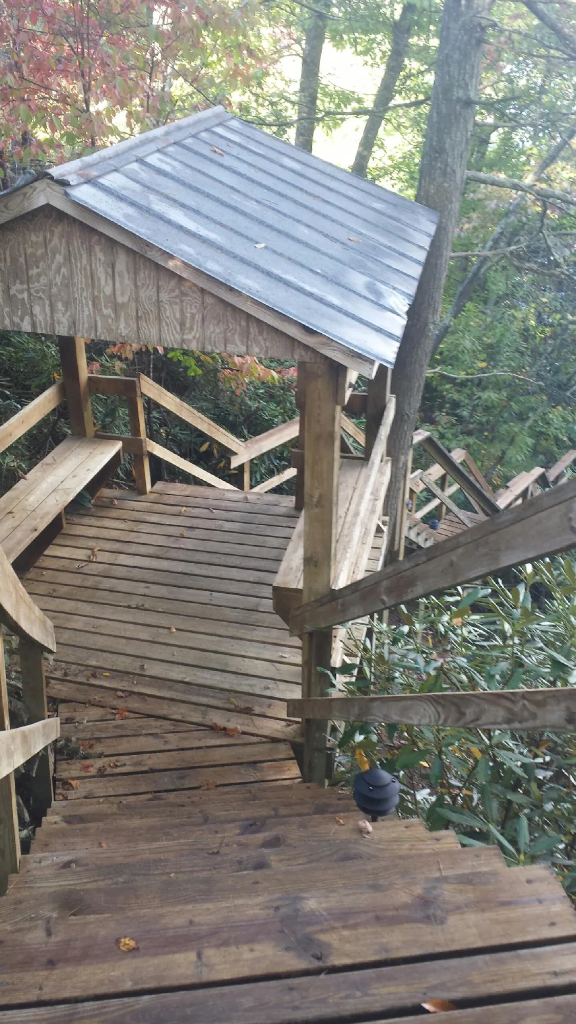 Metal roofed shelter over wooden steps on a wooded walkway — Skylight Repair & Installation work by our crew in Perryville